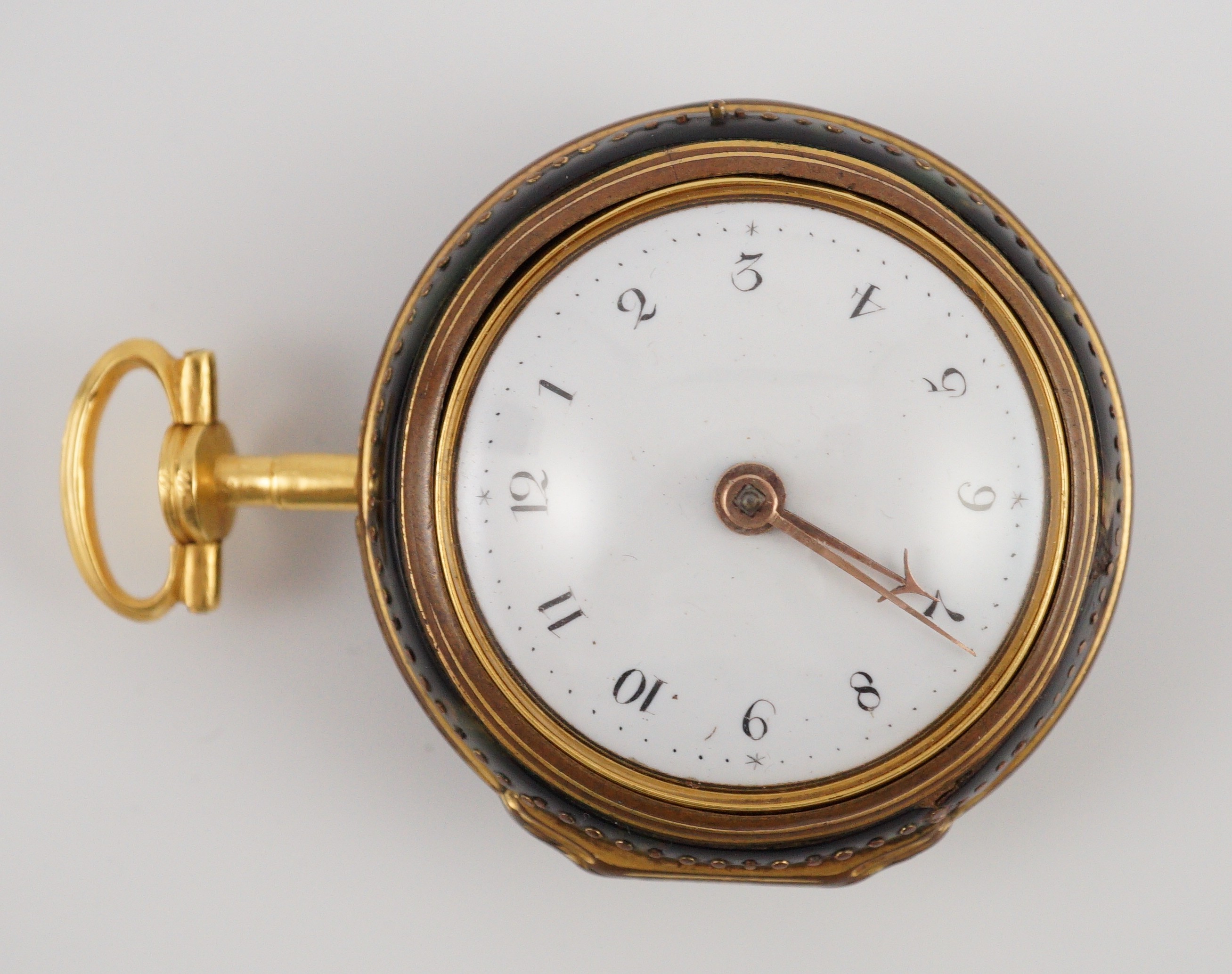 A mid 18th century gilt metal and tortoiseshell pair cased keywind verge pocket watch by Catlin, London